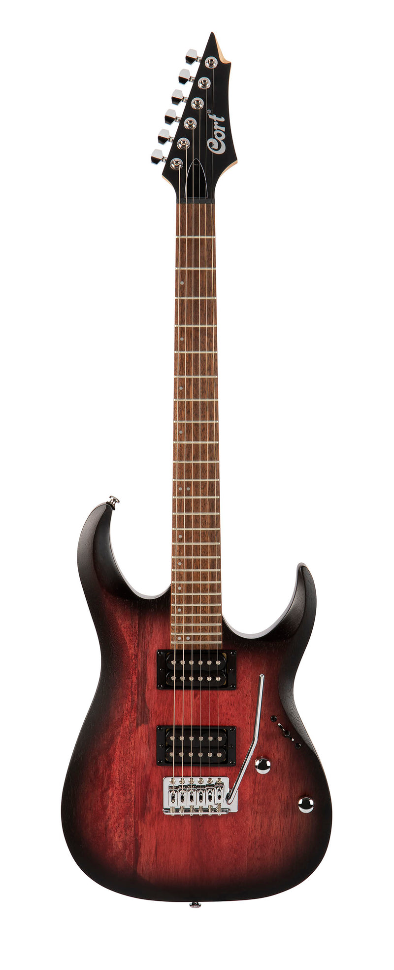 Cort X100OPBB X Series 100 Double Cutaway Electric Guitar, Open Pore Black Cherry Burst