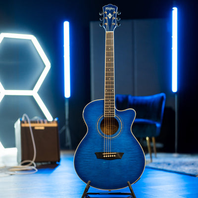 Washburn EA15 Festival Series Mini Jumbo Cutaway Acoustic-Electric Guitar, Trans Blue